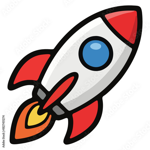 Cartoon Rocket Ship with Red Fins and a Blue Window Ready for Launch.