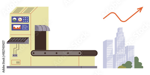 Industrial conveyor machine with control panel, urban buildings in background, and upward arrow. Ideal for business automation, innovation, manufacturing, technology, progress, economy urban growth