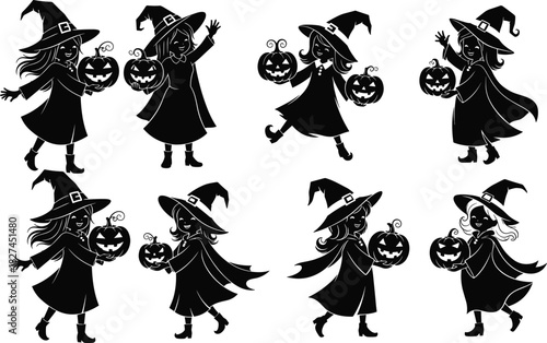 Collection of cute little witch silhouettes holding pumpkins, Halloween broomstick girls, festive spooky illustration, smiling pumpkin lantern vector art