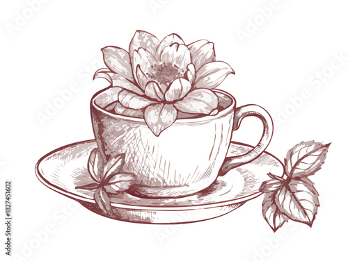 Hot beverage: vintage teacup of coffee and pink rose bouquet on the table for morning breakfast