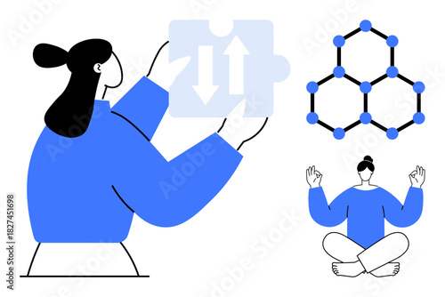 Woman holding puzzle with arrows, hexagonal molecular structure representing connectivity, and sitting yoga pose for mindfulness. Ideal for problem-solving, balance, focus, self-improvement