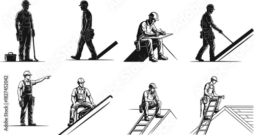 construction worker silhouettes on site, builder using tools, architect drawing plan, roof repair man, professional labor vector illustration