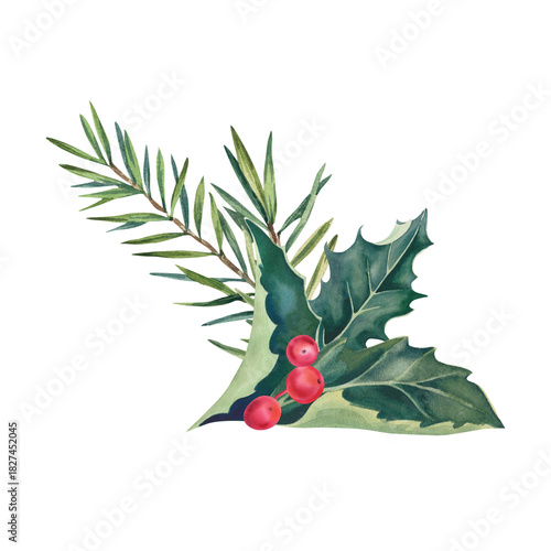 A Christmas garland made of a branch of a forest pine, holly with red berries, a fir branch and mistletoe. Watercolor illustration hand painted. Symbols of the New Year and Christmas.