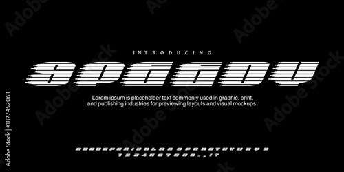 Speedy font. Car Racing Font Alphabet Vector for High Speed ​​Motorsport Design with striped motif of speed symbols.