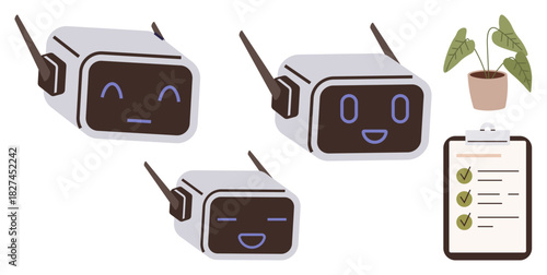 Three robots displaying emotions through facial expressions, green indoor plant, checklist with ticks. Ideal for robotics, AI, emotions, productivity, teamwork tasks technology. Simple flat