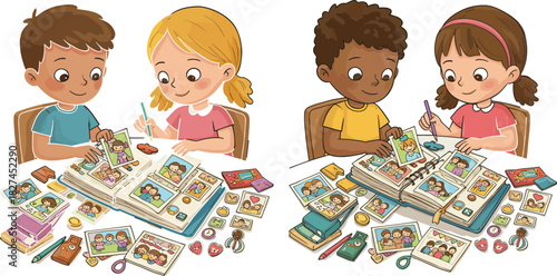 Children making creative family photo albums together, cute kids crafting scrapbook memories, teamwork activity, art and childhood nostalgia illustration