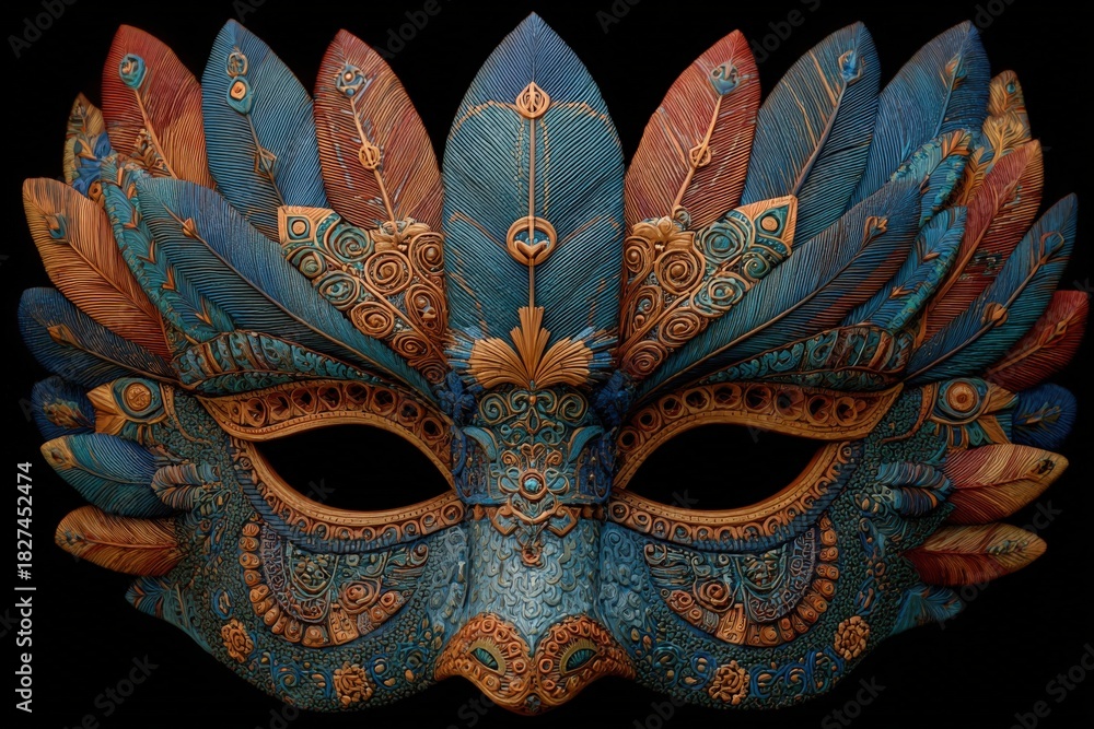 Naklejka premium Ornate decorative mask featuring vibrant colors and intricate feather designs, showcasing artistic craftsmanship and cultural significance in a visually striking presentation