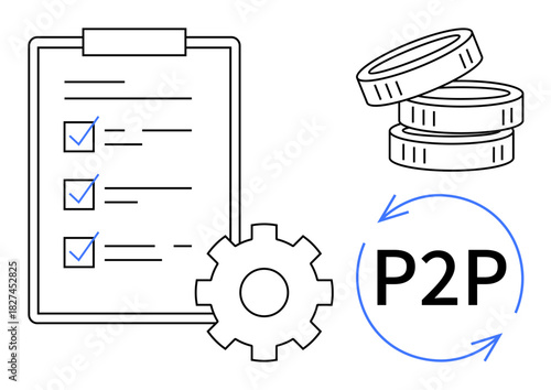 Clipboard with marked checklist, gear symbolizing processes, coin stacks, and peer-to-peer P2P network cycle arrows. Ideal for finance, collaboration, technology, organization, workflow planning