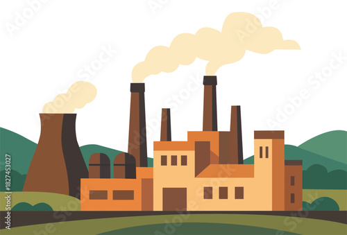Industrial factory with smoking chimneys and cooling towers in green landscape.