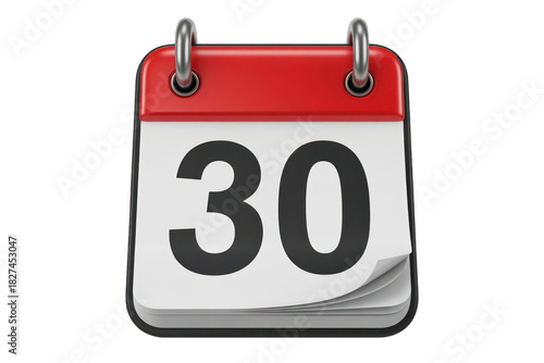 A three-dimensional illustration of a desk calendar showing the number 30 on a white page, with a red header and a curled page.