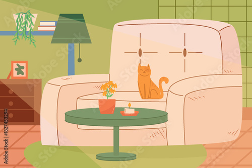 Warm living room scene with a cat sitting on a plush sofa beside a coffee table, plants, lamp, and candlelight for home comfort and interior design themes.