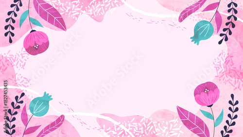 春風と花と植物の背景フレーム 春のナチュラルでフローラルな水彩イラスト枠