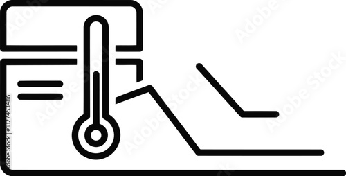 Line icon representing temperature monitoring and data analysis, showing a thermometer alongside a graph on a document, symbolizing health metrics, climate change, or scientific research