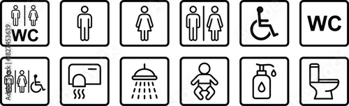 Public Toilet Restroom WC Signage Outline Icons Set, Including Men, Women, Disabled, Baby Changing, Hand Dryer, Shower, and Hygiene Facility Symbols, Vector Art.