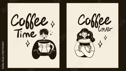 Coffee time poster card set. Sleepy man holding a huge cup of coffee. Woman hugging a huge cup of coffee poster card. Smiling person enjoy the enormous coffee to go. Flat vector illustration.