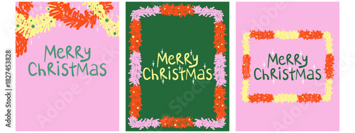 Bright Merry Christmas greeting card set with tinsel frame. Abstract doodle style poster design. Hand drawn vector design perfect for cards, banner, and seasonal promotions.