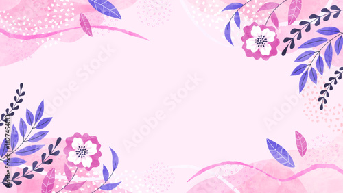 春風と花と植物の背景フレーム 春のナチュラルでフローラルな水彩イラスト枠