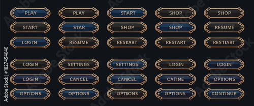 Art deco fantasy game button vector set, includes UI animation elements for RPG, gold border styling, 1920s elegant title, suitable for mobile menus or popup designs, cancel or start pressed click 