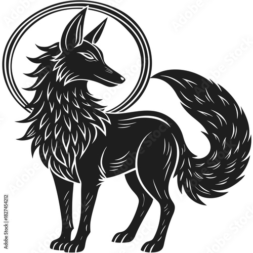 Sleek black fox illustration with an elegant circular halo design