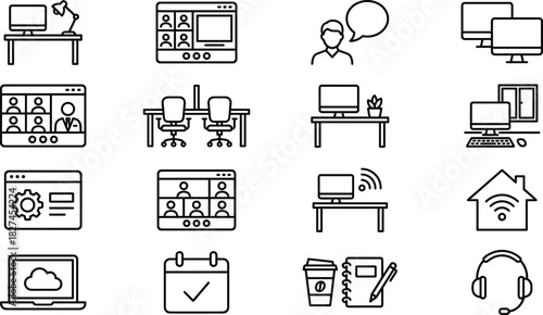 Remote Work Home Office Video Conference Outline Icons Set, Including Desk, Computer, Calendar, Cloud, Headset, Gear Settings, and Coworking Space Symbols, Editable Vector.