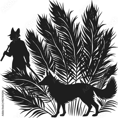 Hunter and wolf in dense jungle foliage detailed silhouette