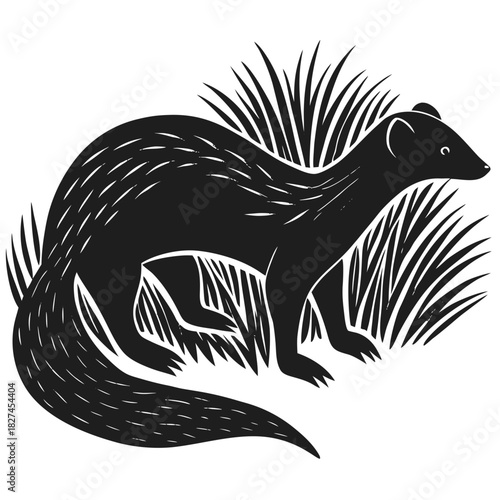 Sleek black mongoose illustration standing in tall green grass