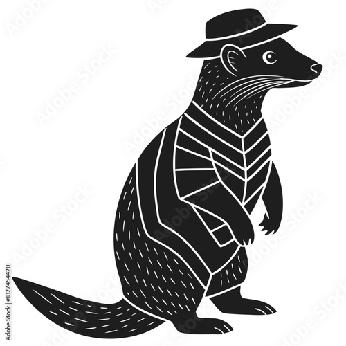 Stylized ferret character wearing fedora hat and striped coat.