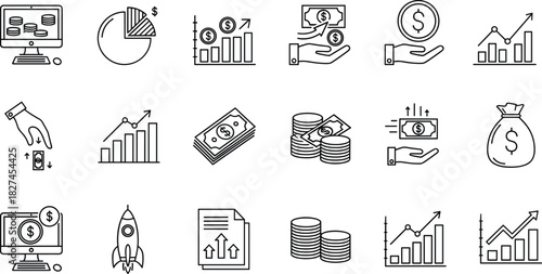 Financial growth icons, money chart symbols, economy analytics, investment visuals, banking graphics, fintech elements, cad drawing flat vector illustration