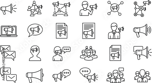 Communication, marketing, public relations, megaphone, speech bubble, teamwork, outreach, digital media, announcement, icon set, cad drawing flat vector illustration