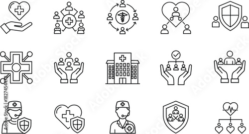 Healthcare medical service icons, hospital support symbols, patient care vector, health protection line art, cad drawing flat vector illustration