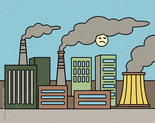 Drawing of factories emitting smoke with a sad sun in clouds of pollution. Industrial pollution harms the environment with harmful emissions.