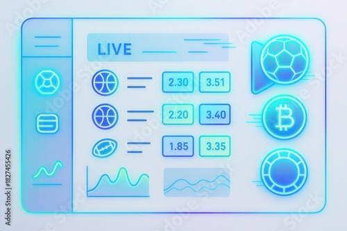 Interactive betting interface showcasing live odds for soccer, basketball, and football in a digital layout with cryptocurrencies and analytics represented through vibrant graphics