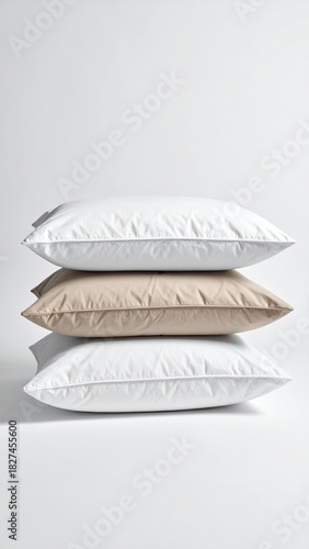 Three stacked pillowcases, white, beige, and white, against a plain background
