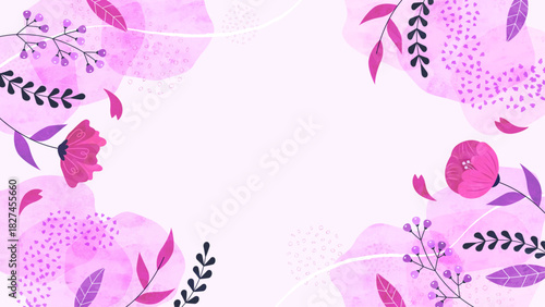 春風と花と植物の背景フレーム 春のナチュラルでフローラルな水彩イラスト枠