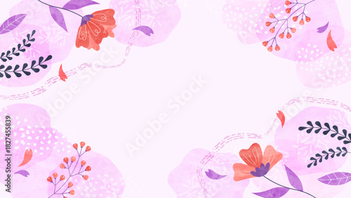 春風と花と植物の背景フレーム 春のナチュラルでフローラルな水彩イラスト枠