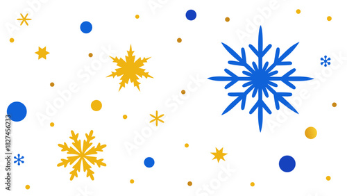 Illustration featuring snowflakes and circles in blue and gold on a white winter themed background