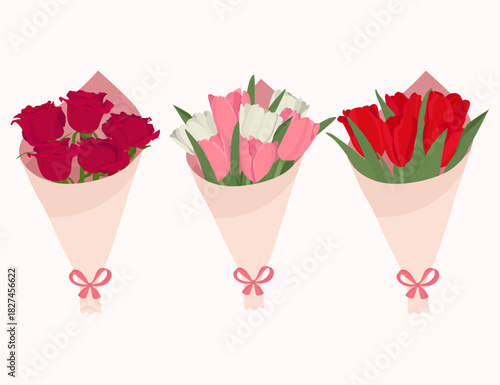 Elegant flowers bouquet with red romantic roses colorful spring tulips for mom or girlfriend