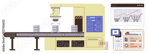 Factory conveyor assembling products alongside AI-driven analytics dashboards. Ideal for manufacturing, automation, AI technology, supply chain, productivity, innovation, and business. Simple flat