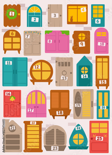 Colorful set of 25 numbered doors in various shapes and styles, playful flat vector for advent calendar, game UI, education, counting, and holiday projects.