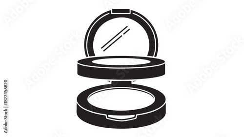 Compact powder case in black and white minimalist vector illustration for beauty and cosmetic product design isolated on white background