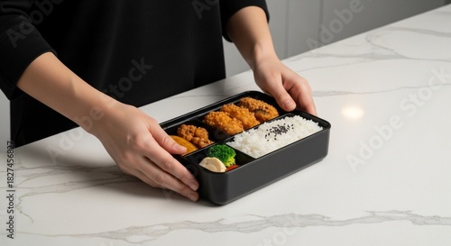 Person holding a bento box with rice and fried food.