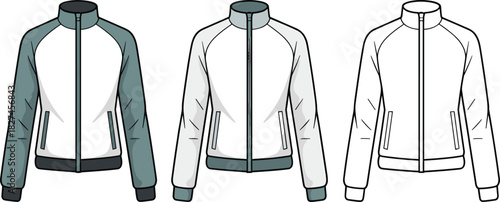 CAD drawing flat vector illustration of jacket front view variations, color blocking design, zipper closure, side pockets, ribbed cuffs hem