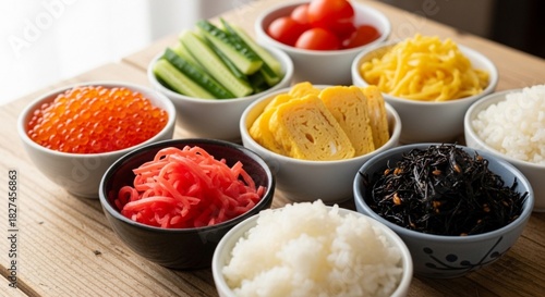 Assortment of colorful sushi ingredients in bowls on a wooden table.