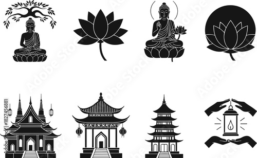 Buddha lotus meditation icons, temple and pagoda silhouettes, spiritual symbolism, cultural heritage vector, Eastern architecture, religious art, enlightenment design