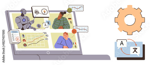 Laptop screen showcasing AI analyzing text, charts, and expressions of diverse people. Ideal for technology, AI, analytics, communication, machine learning multilingual tools education. Simple flat