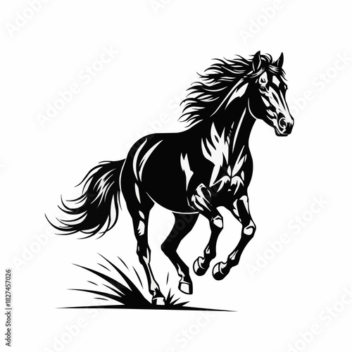 Elegant black horse galloping across a field with determination and grace.