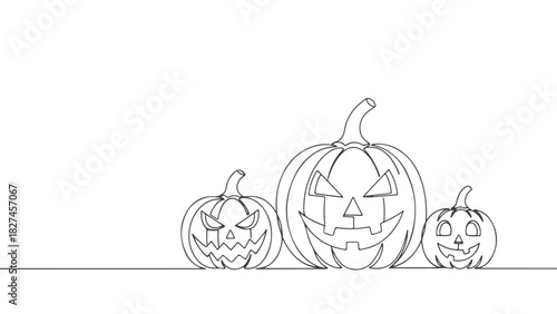 Continuous one line art drawing of a group of Halloween pumpkins with carved faces in a festive, spooky, and iconic design