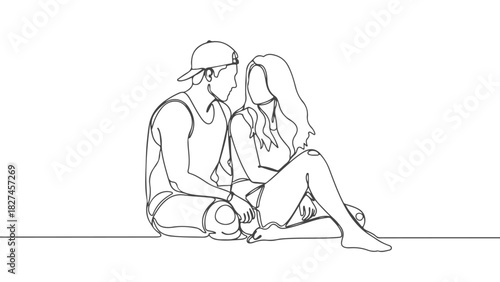 A loving couple sitting together illustrated in a minimalist continuous one line art style, a romantic hand-drawn sketch. f