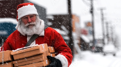 Santa Claus delivering pizza boxes in a snowy urban environment during the festive season