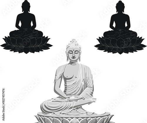 Buddha meditation silhouette, lotus pedestal illustration, spiritual enlightenment art, black and grayscale design, religious symbolism, serene composition, Buddhist devotion